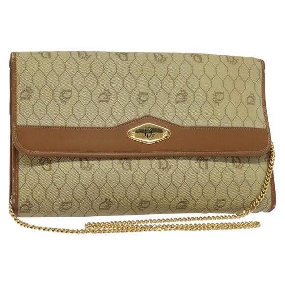 DIOR Honeycomb Canvas Chain Shoulder Bag Pvc Beige Gold - Picture 1 of 12